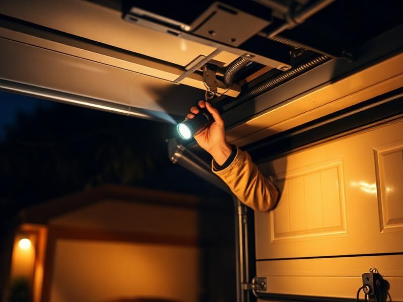 Emergency garage door repair at night with technician using flashlight