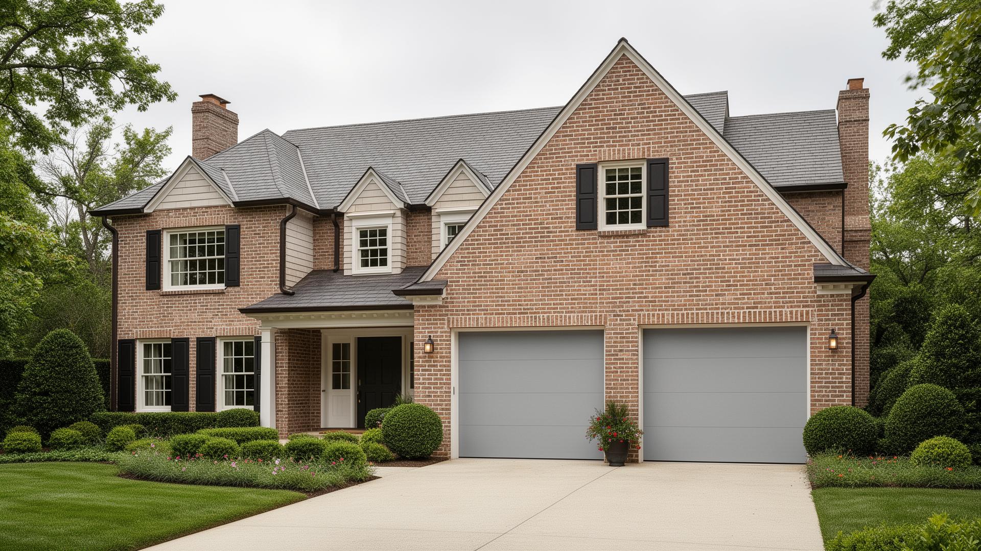 Elegant colonial home with modern minimalist flush panel garage doors - Pittsfield Garage Doors professional installation