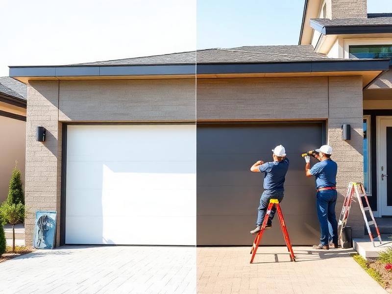 Professional garage door installation crew working on modern minimalist flush panel door